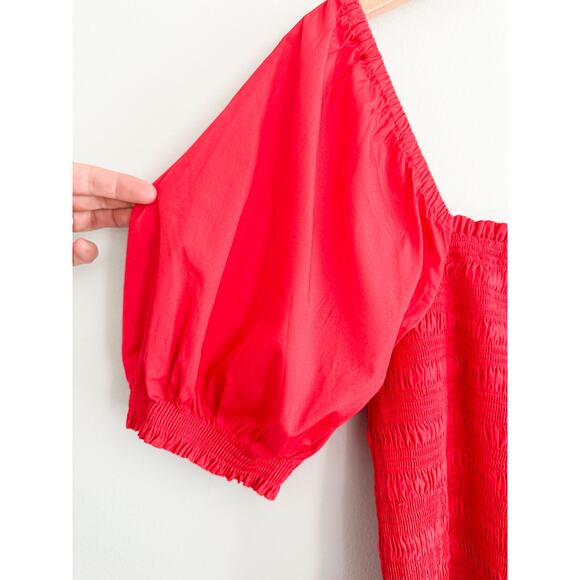 Madewell | NWT Smocked Puff Sleeve Midi Dress in Poplin in Cerise Red | Sz L - Picture 4 of 10